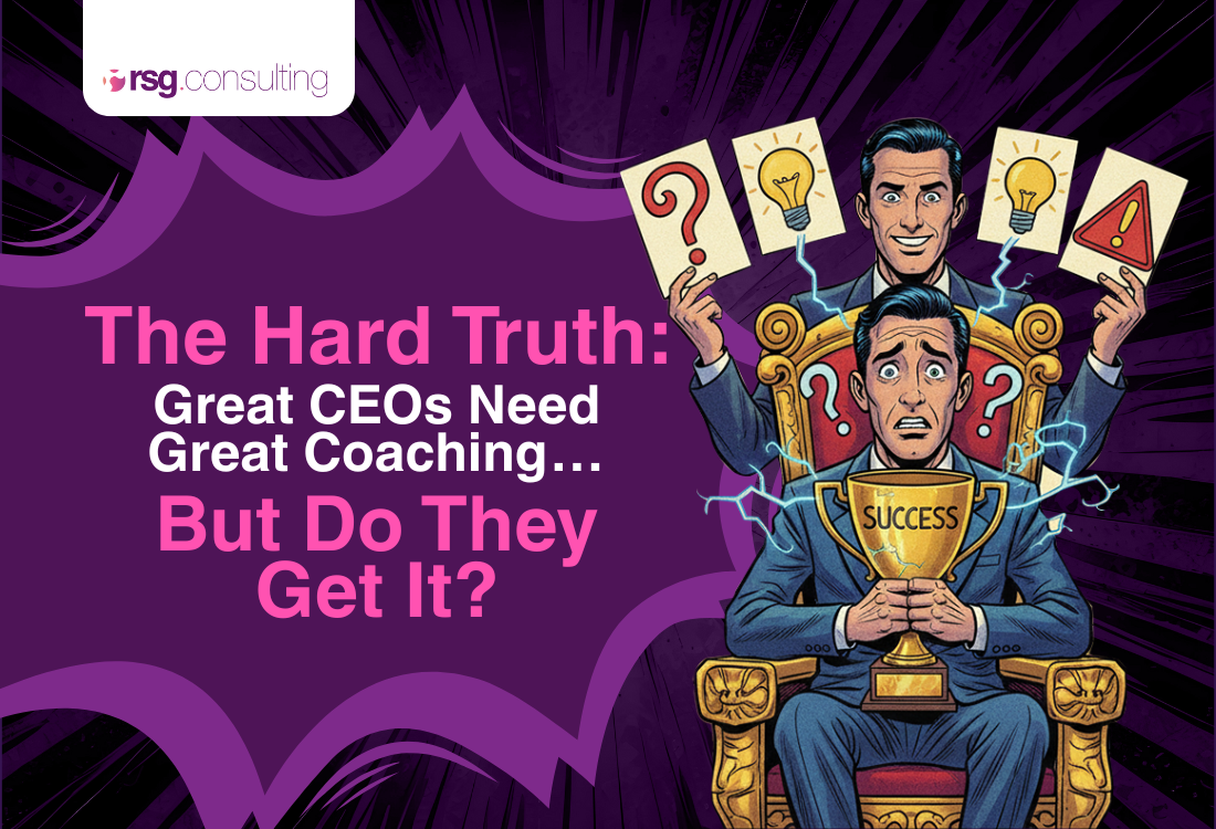 Illustrated CEO sitting on a throne holding a trophy while question marks and warning symbols appear above him, representing the pressure and uncertainty leaders face without effective coaching.
