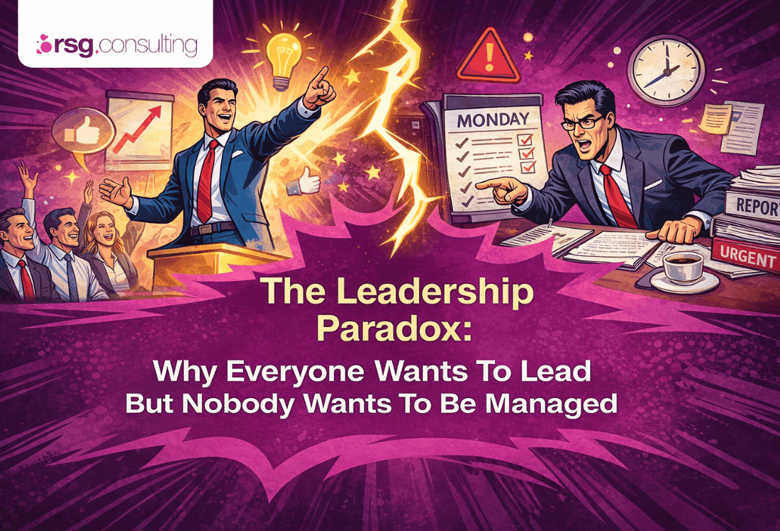 Business illustration showing the leadership paradox, where leaders inspire vision but avoid management responsibilities, emphasising the need for accountability, execution, and balanced leadership in organisations.