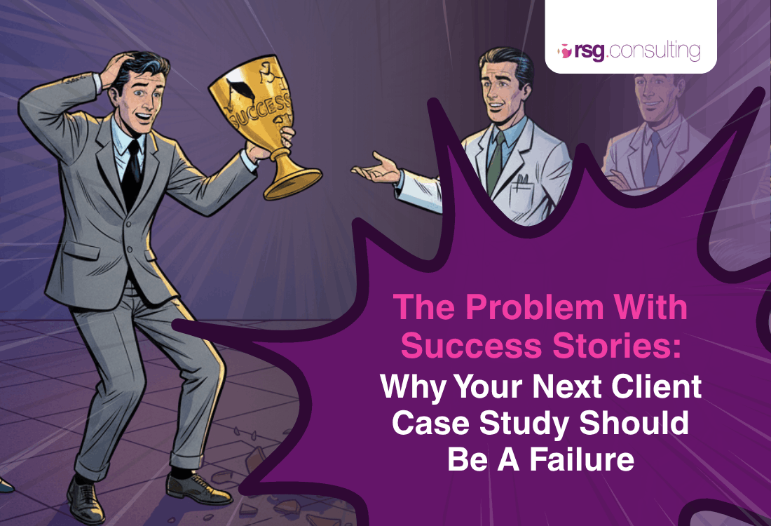 Businessman holding a broken success trophy, representing why traditional client success stories can be misleading and why failure-based case studies offer more value.