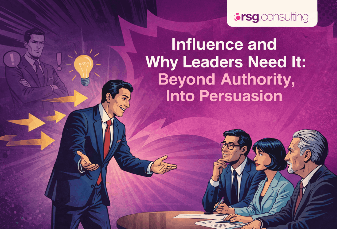 Business leadership illustration showing a CEO influencing a team through clear communication and persuasion rather than authority, highlighting stakeholder alignment, decision-making, and effective leadership influence in a corporate boardroom.